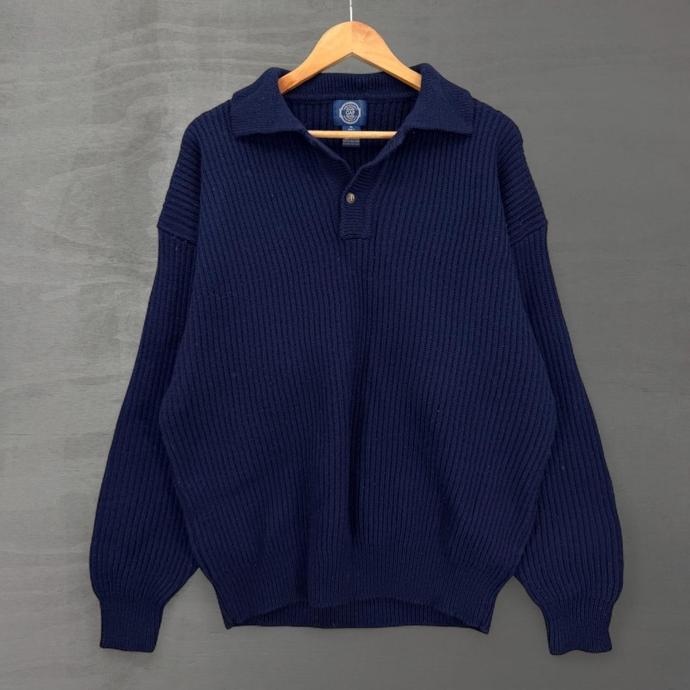 Vintage Gap Wool 90s Sweater Navy Blue Ribbed Knit Polo Henley Collar XL